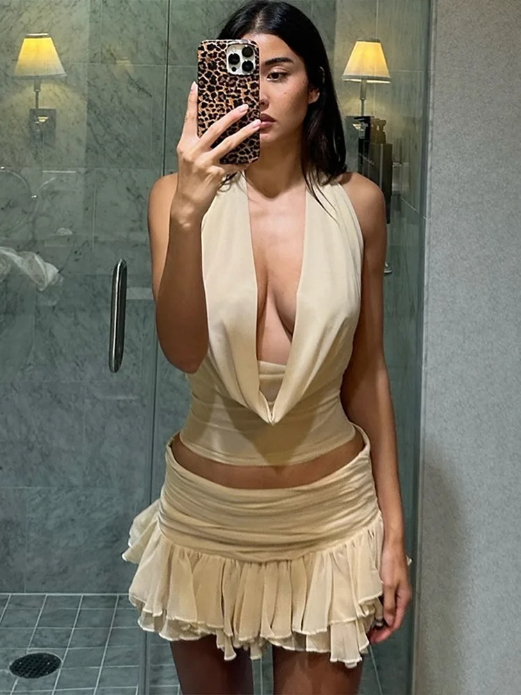 Atasan Rompi Halter Kerah Tumpuk Rok Pinggang Rendah Set Wanita Blus Tank Slim Fit Seksi V Dalam Rok Pendek Berlipat Ekor Panjang Berumbai