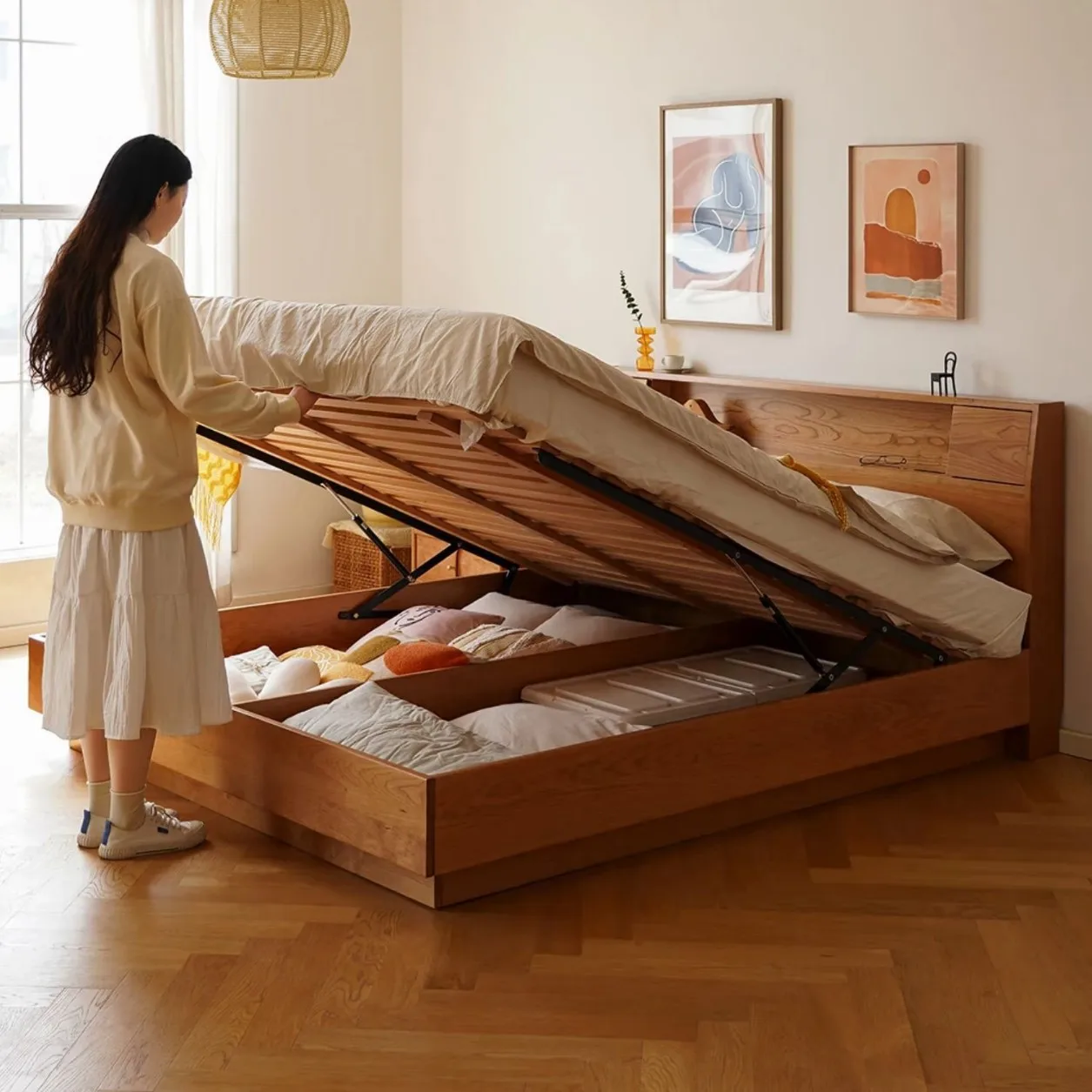 Cherry wood all solid wood box bed 1.8 meters double storage bed wood wax oil 1.5/1 storage suspension bed cherry
