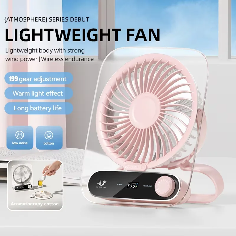 199 Speed Portable Fan, 3000mAh, LED Display, Quiet Powerful, Warm Light, 180° Airflow, Wall Mount, Aroma Box, Ultra Thin Fan
