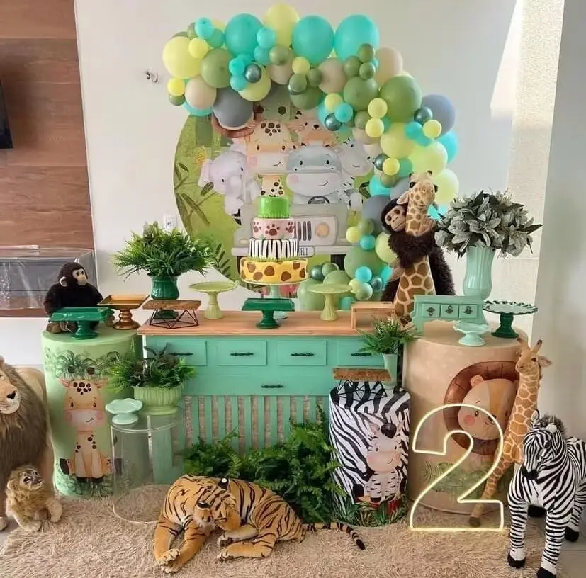 Cartoon Lion Spandex Round Cylinder Table Covers Boys Jungle Wild Birthday Baby Shower Party Decorations Pedestal Tablecloth