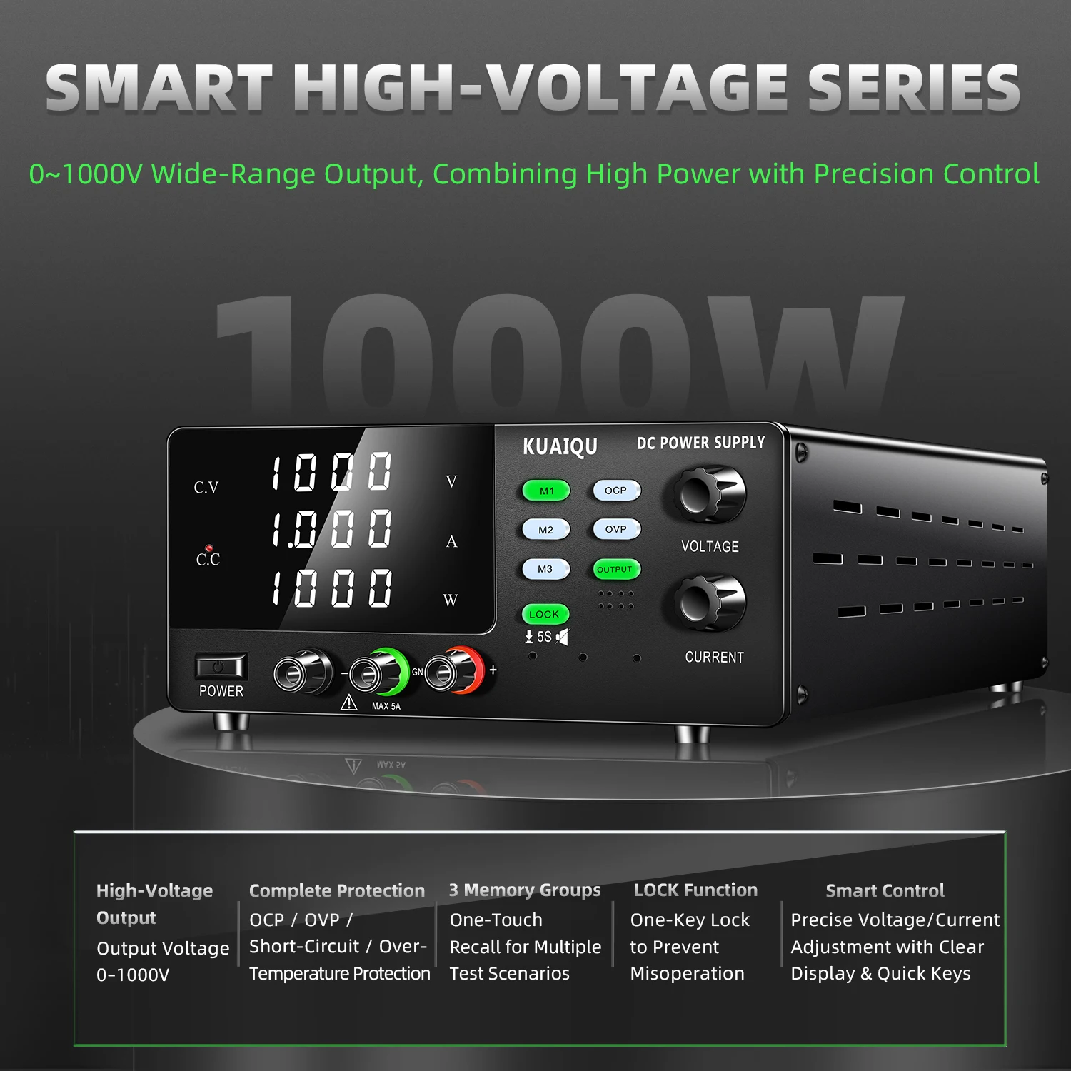 KUAIQU 1000V High Voltage lab Power Supply 800V 600V 400V,15V 30A 30V 60V 20A DC Power Supply for Lab R&D,Hipot Testing & Solar