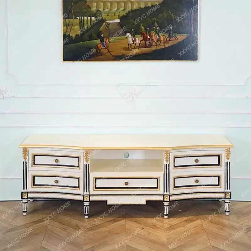 MMJ S  Light Luxury Court Solid Wood Carving Flower TV Cabinet  Neoclassical Living Room Retro Old Gold Storage Cabi