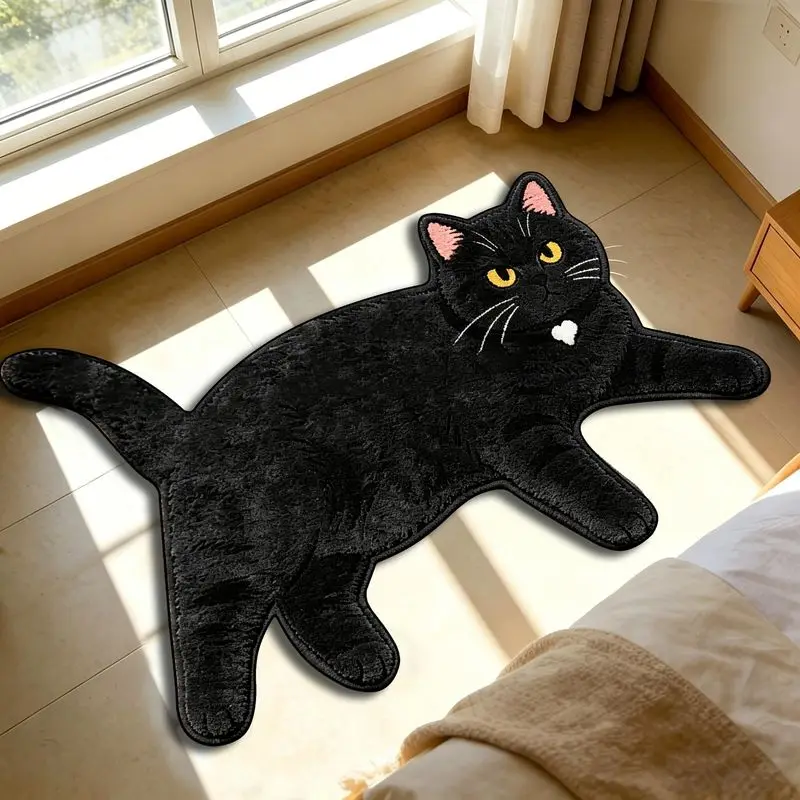 VIKAMA Lazy Lying Black Cat Shaped Plush Rug - Cute Cartoon Non-Slip Absorbent Floor Mat for Bedroom, Bathroom, Living Room