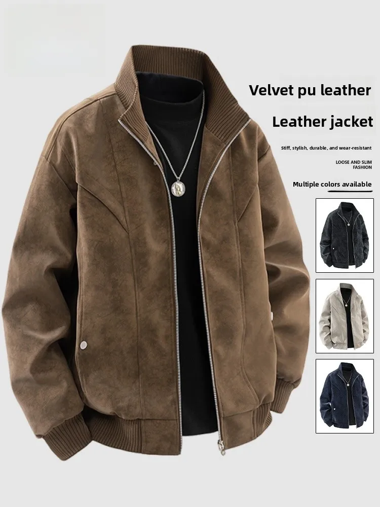

Retro PU Leather Jaet Men's Outerwear Spring Autumn Faionable Casual Motorcycle Sle Stand Collar All-Match Streetwear