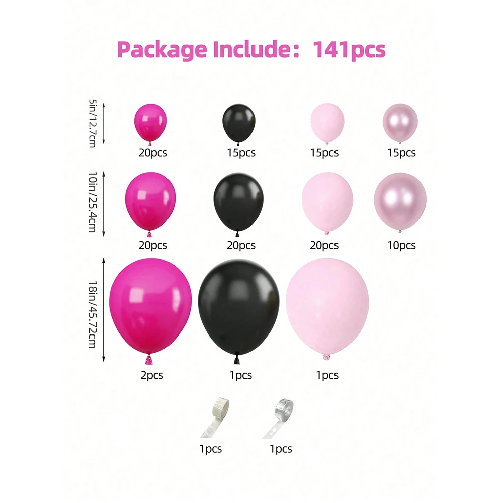 141Pcs Hot Pink Black Latex Balloons Garland Arch Kit Birthday Party Baby Shower Bridal Shower Wedding Princess Party Decor view 4