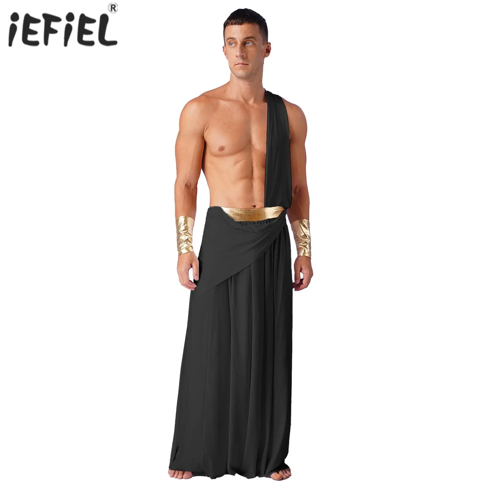 

Mens One Shoulder Strap Roman Toga Halloween Greek Warrior Gladiator Costumes Ancient Greek Cosplay Long Skirt with Wristbands