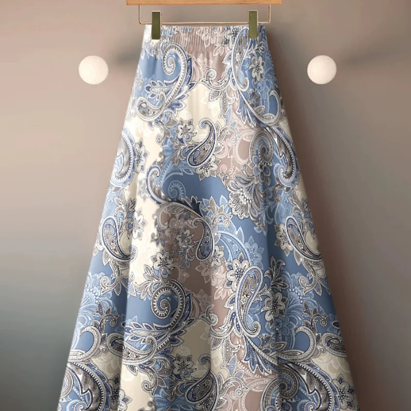 Nueva falda con vuelo grande y estampado de estilo extranjero, falda fina y drapeada de cintura alta