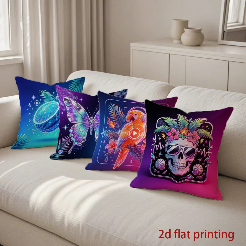 Neon Tropical Skull Parrot Cushion Covers Pattern Cushion Cover Suitable for Sofa Bedroom Car Pillow Cover