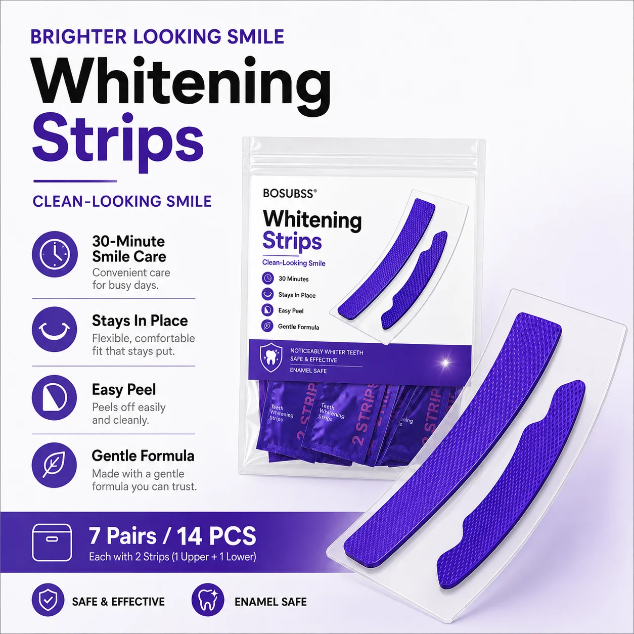 7 Pairs Purple Teeth Brightening Strips,Effective Non-Irritating Whitening Strips to Remove Food Drink Stains for Teeth Care