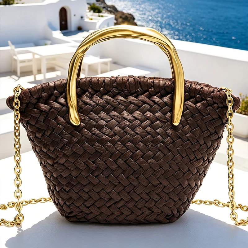 French Lafite Grass Woven Handbag Coffees Stylish Crossbody Bag Magnetic Buckle Metal HandHeld Versatile Beach Party Commute Bag