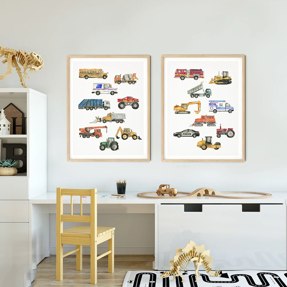 Construction Vehicles Watercolor Art Canvas Painting Kids Room Decor Dump Truck Digger Bulldozer Posters and Prints Boys Gift