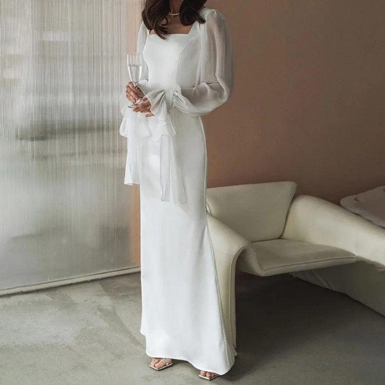 

Spring Women's Clothing Square Neck Sheer Mesh Bell Sleeve Slim Fit Long Dress For Woman Polyester High Waist Bodycon Maxi