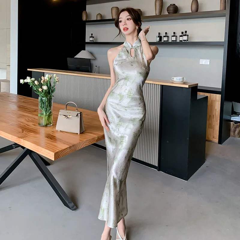 Retro Sexy New Chinese Modern Improved Satin Cheongsam Evening Wear Women Slim Long Dress Qipao