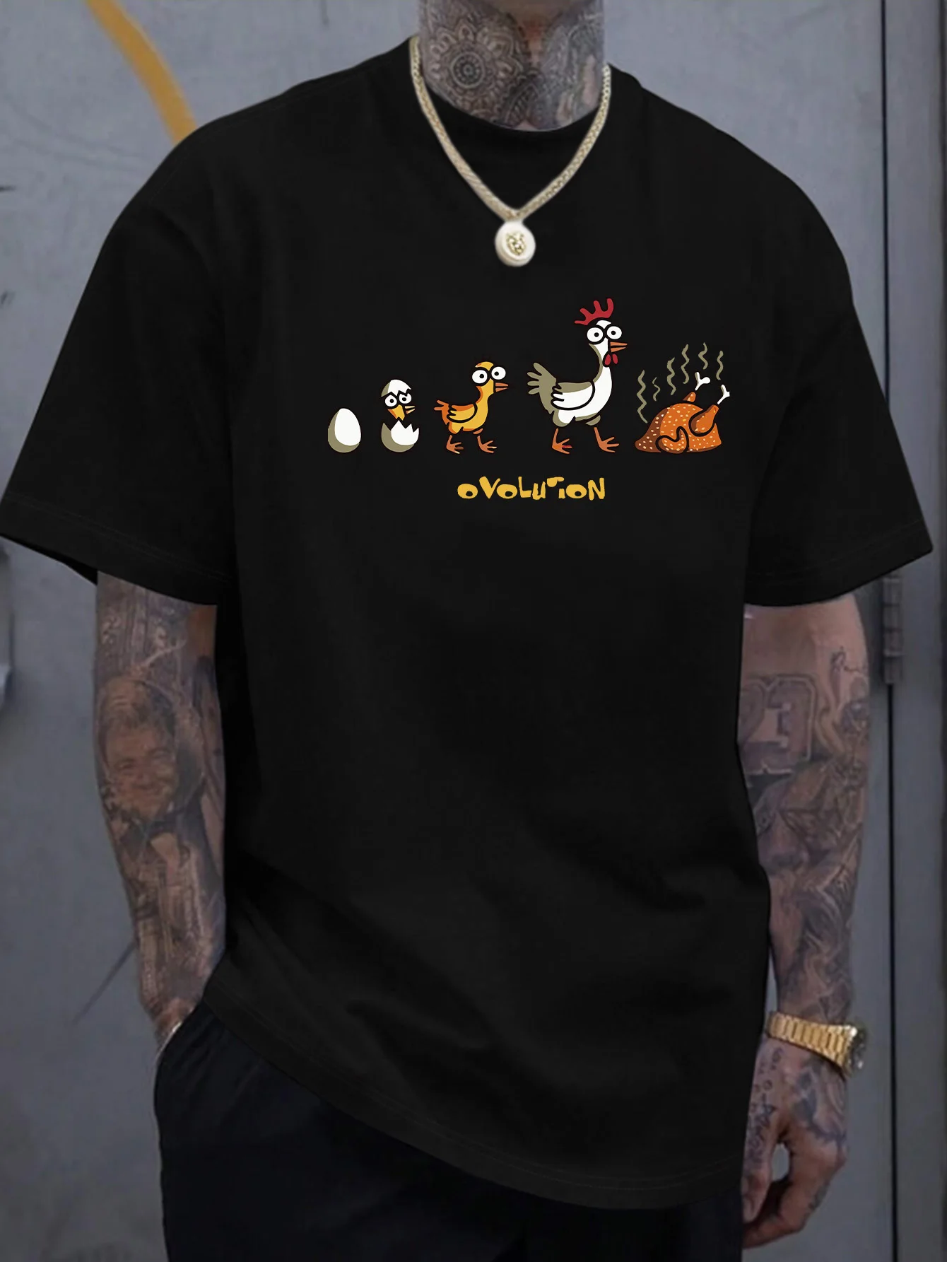 

Men's Funny Chicken Evolution Graphic Tee 220g Soft Cotton T-Shirt High-Quality Print Everyday Comfort &