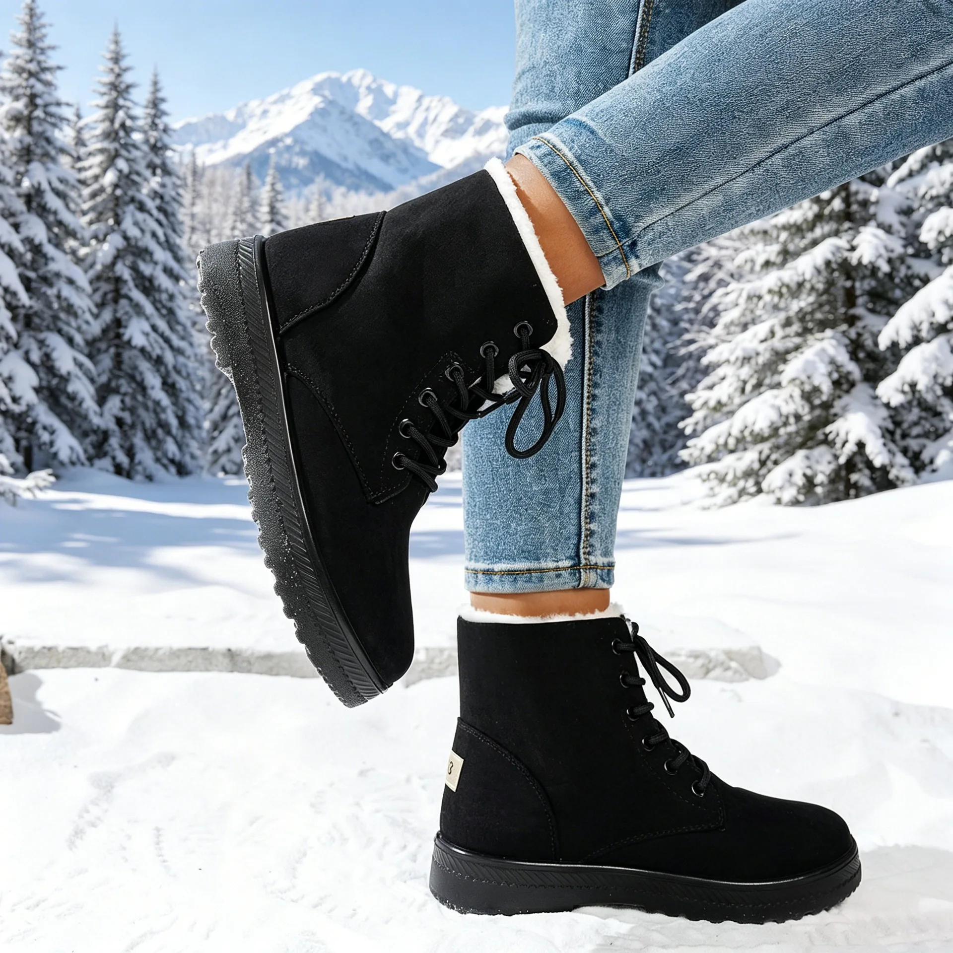 Damen Winter Schnür-Schneestiefel mit Wildleder-Optik, Fleece-Futter, Rutschfeste Dicke Sohle, Warme Knöchelhohe Kampfstiefel – Detail 5