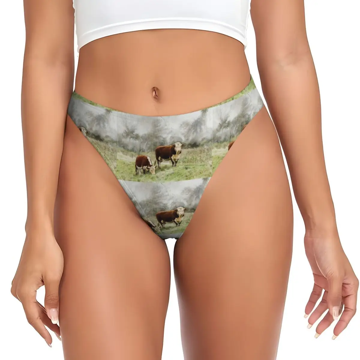 Calcinhas G-string Personalizadas com Estampa de Aquarela de Touro e Vaca Hereford, Respiráveis, Confortáveis e Elásticas para Mulheres