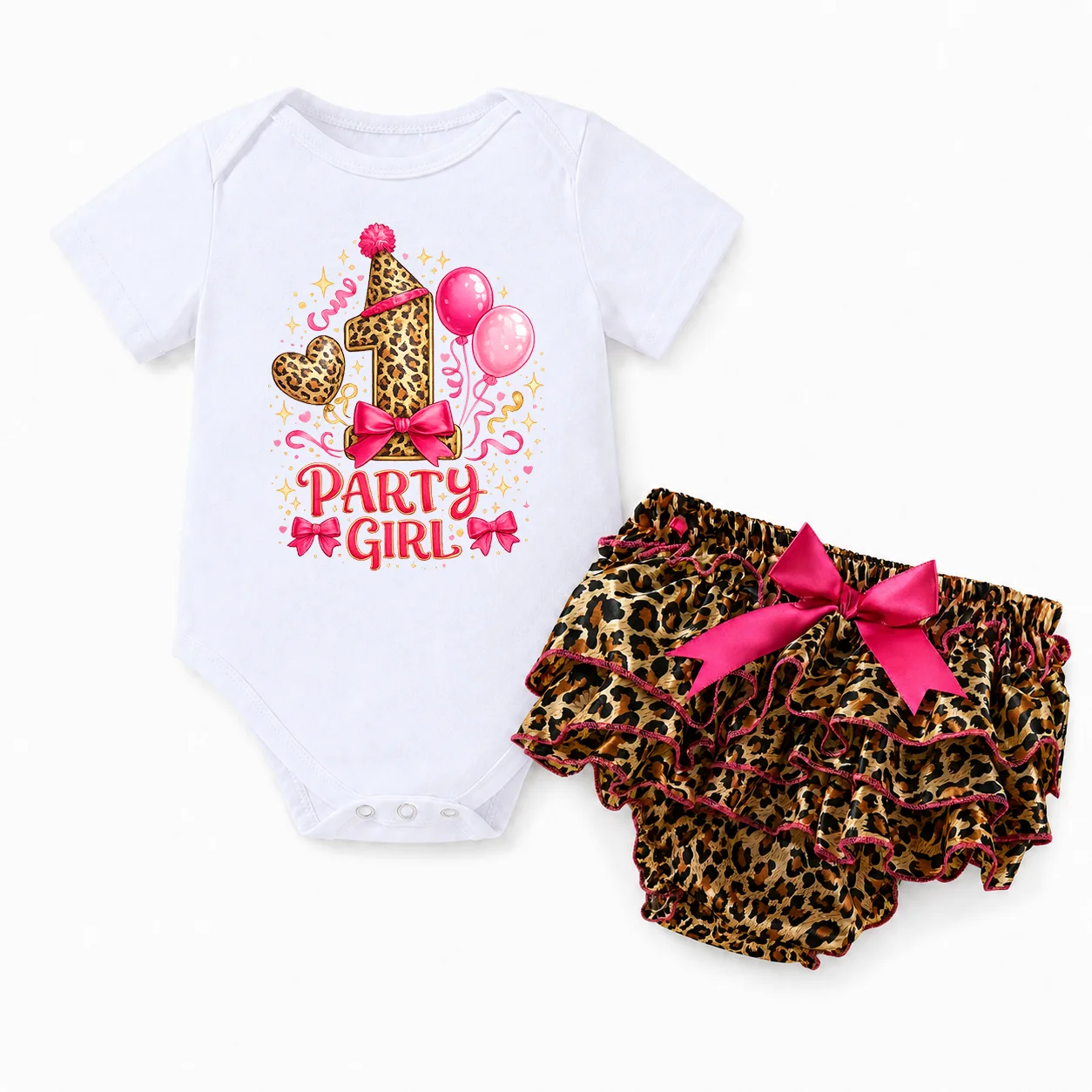 Baby Girl 1st Birthday Outfit Leopard Print Short Sleeve Bodysuit Ruffle Bloomers Set Party Girl First Birthday Clothes Pink Bow