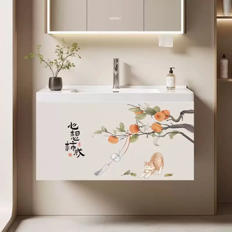 VIKAMA Persimmon Cat Chinese Ink Bathroom Cabinet Curtain for Sink Vanity Dust Cover Skirt Modern Aesthetic Hanging Home Decor