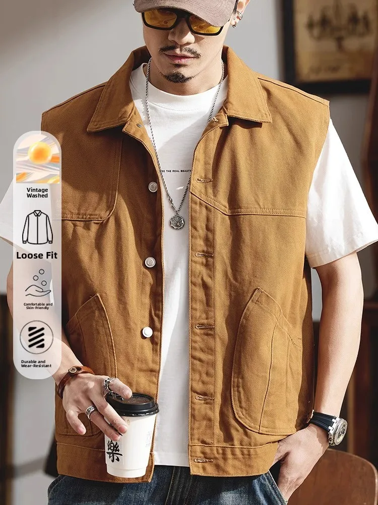 

Loose Fit Denim Vest Men's American Casual Sle Summer Faion Outerwear Vintage Tawny Color Teenagers Can Wear