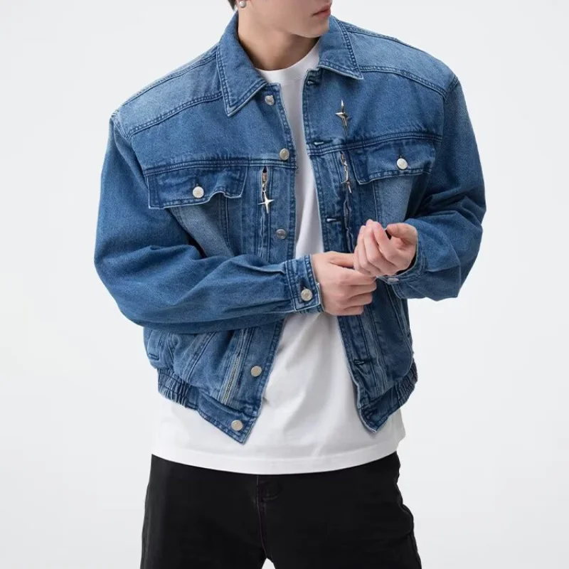 Man Clothing American Vintage Blue Denim Jacket Loose Outwear Men Wide Shoulder Short Jeans Coats Casual Pockets High Streetwear