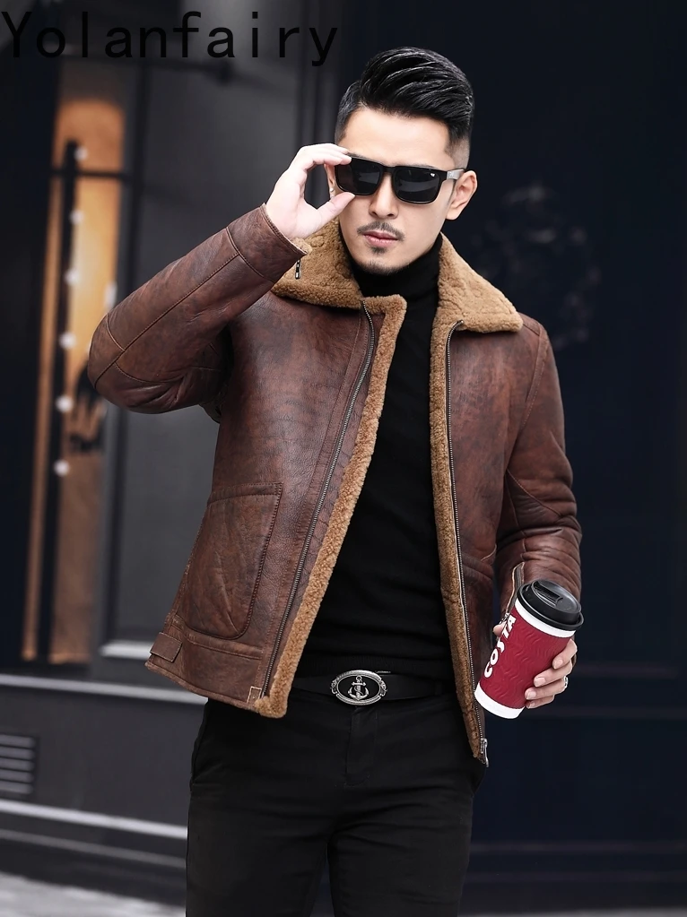 YOLANFAIRY Natuurlijke Bontjas Man Luxe Winter 100% Echte Schapenvacht Leren Jas Mannen Casual Korte Heren Lederen Bontjassen 2025