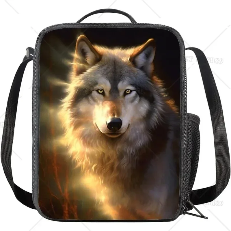 

Ice Fire Wolf Printed Cool Animal Insulated Reusable Lunch Bag for Women Men Boys Wolf Lunch Box Bento for Office School Trip