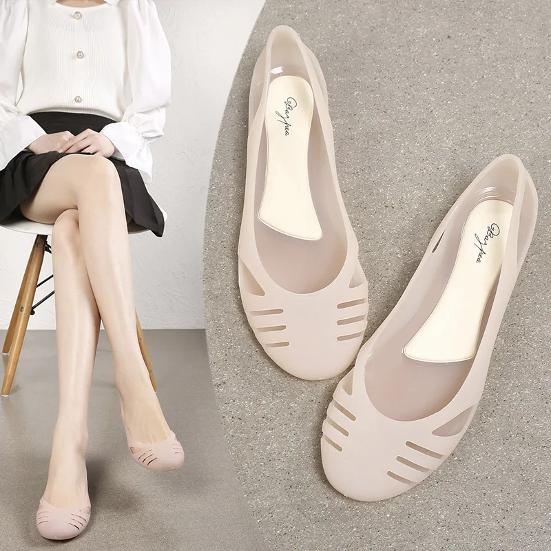2026 Summer Women's Jelly Rain Sandals Hollow Out Breathable Soft Sole Comfortable Fairy Style Casual Travel Shoes