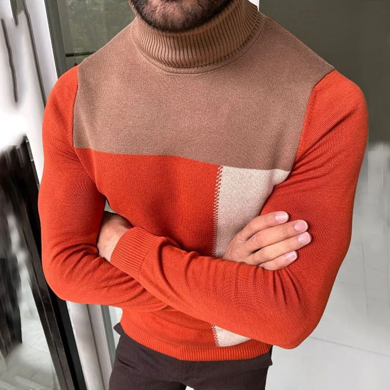 

Autumn New Men's Clothing, Men's Turtleneck Knitted Bottoming Shirt Contrasting Sweater
