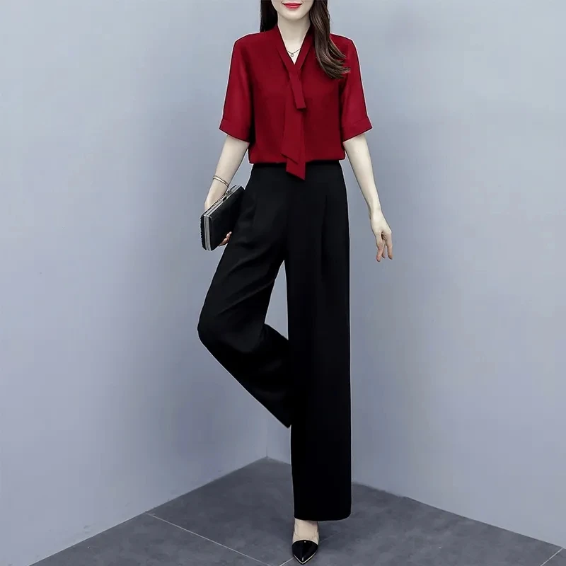 Elegant Women Outfits Spring Summer Wide Leg Pants Black Suits OL 2 Piece Sets Korean Loose Tops And Trousers Female Casual 2PCS