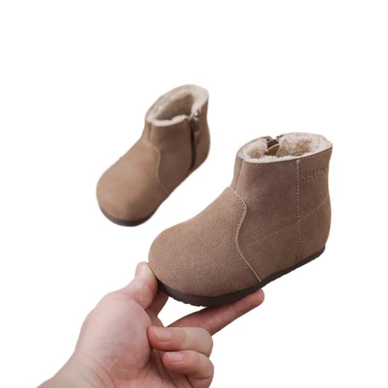 

Genuine leather Kids fashion boots boys' chimney warm short boots with velvet horse boots girls' side zipper casual boots 15-25