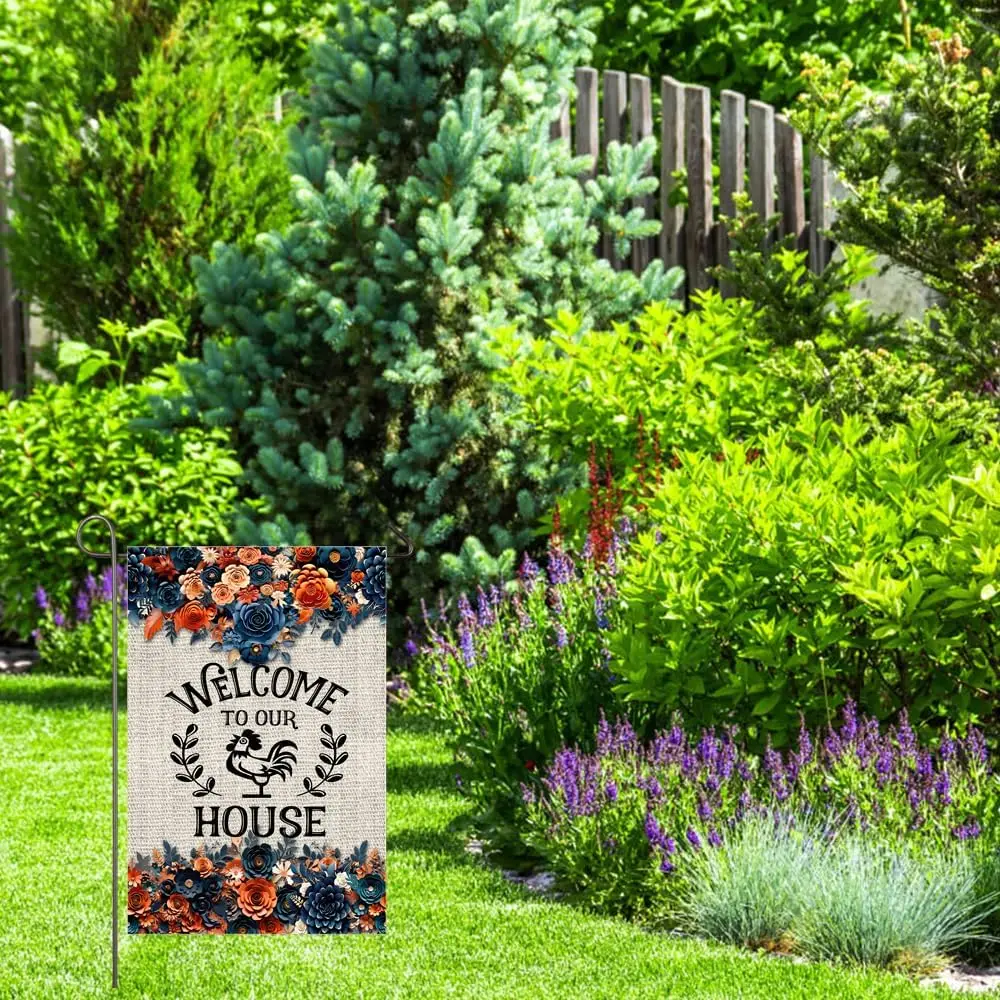 Welcome To Our House Garden Flag 12x18 Inch Double Sided Boho Flowers Chicken Floral Yard Flag for Outside Seasonal Farmhous uui