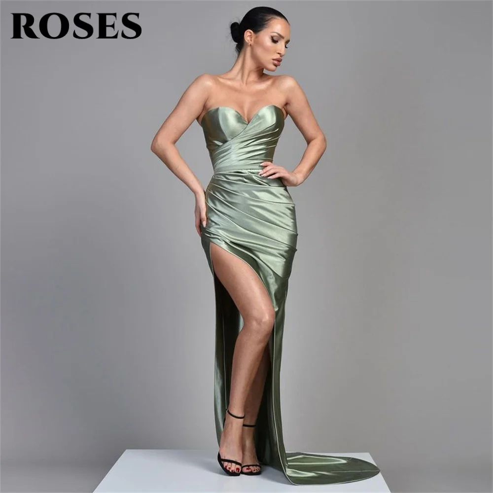 

ROSES Green Sexy Prom Dress Sweetheart Off-Shoulder Prom Gown for Woman Satin Side High Slit Ball Gown robes du soir Customized