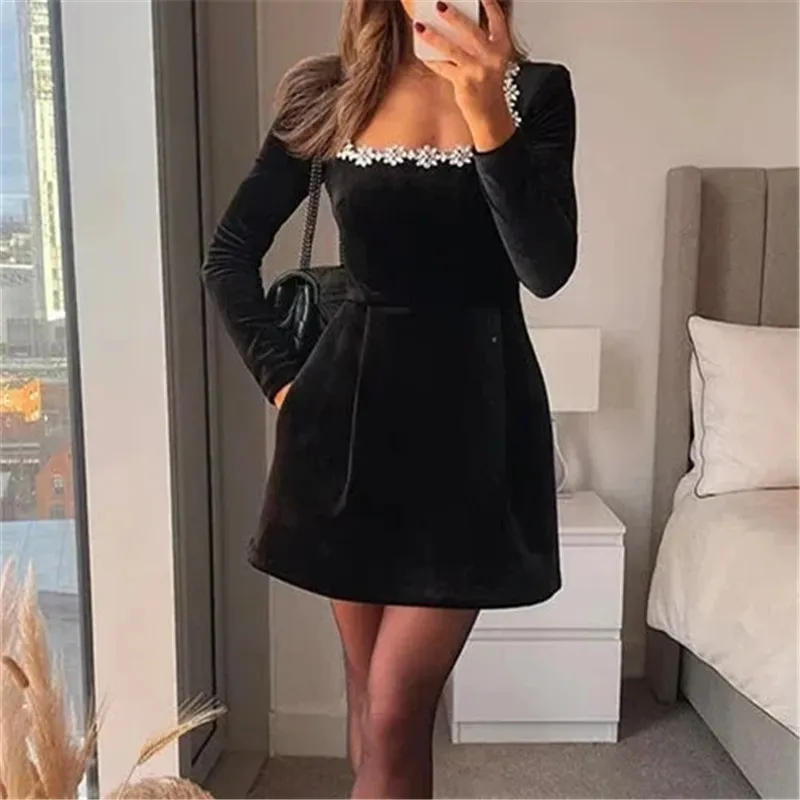 TRAF 2024 Black Velvet Mini Dress Women Rhinestone French Vintage Dress Woman Long Sleeve Short Dresses Elegant Party Dresses