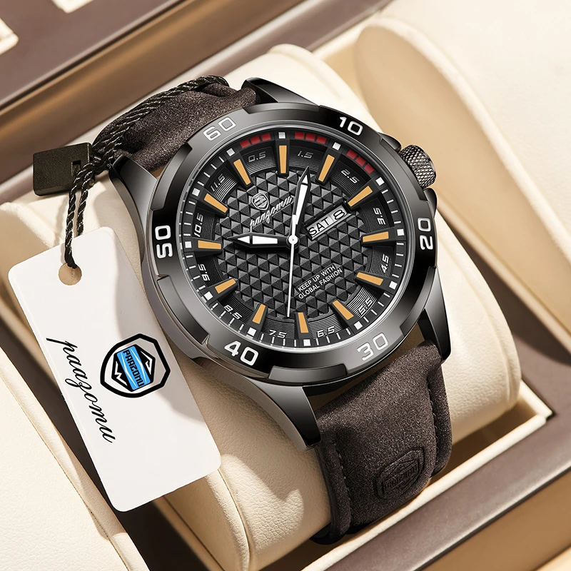 

Paagomu Men's Rugged Sports Quartz Watch Black Dial Suede Strap Luminous Hands Day-Date Durable Outdoor for Modern Adventurers