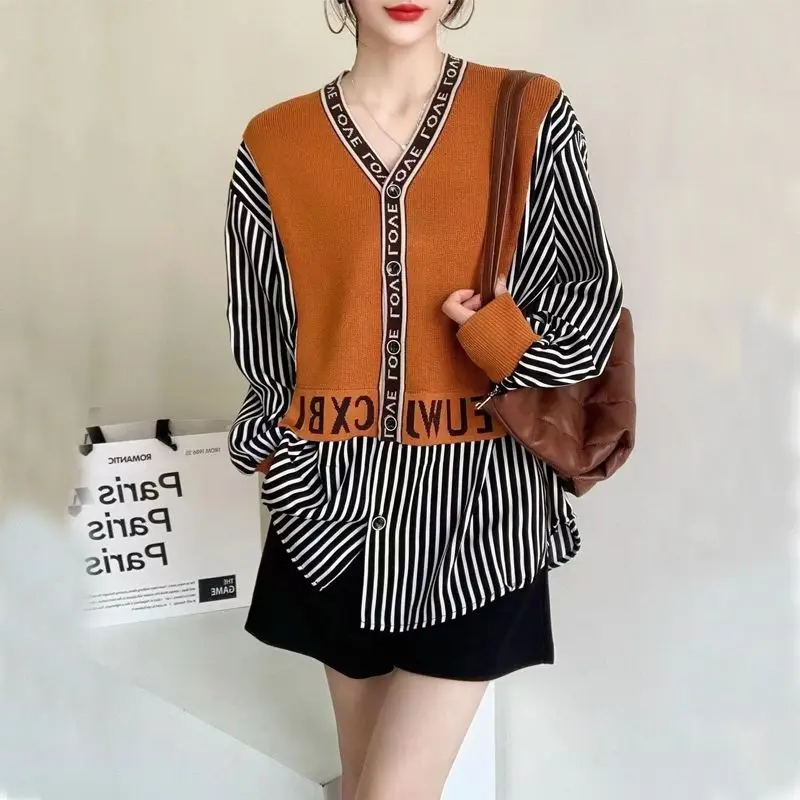 Casual Striped Patchwork Letter Blouse Fake Two Pieces Spring Autumn Elegant V-Neck Single-breasted Female Clothing Loose Shirt