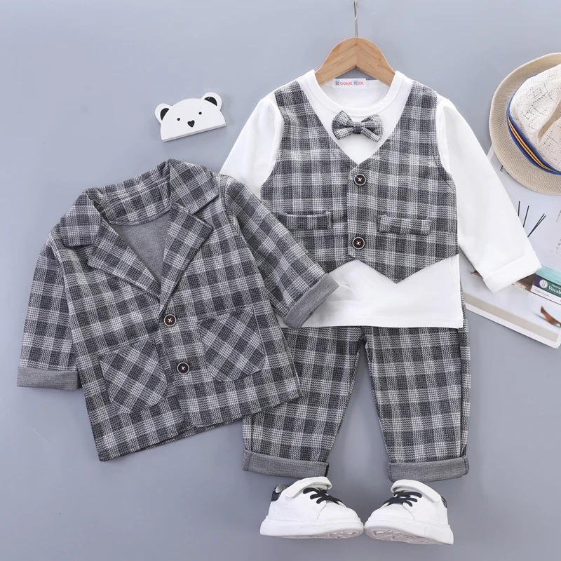 Boys Windowpane Check Blazer Suit 3pc Set Bow Tie Crew Neck Tee Pants Toddler Gentleman Outfit Cotton Blend Long Sleeve 80-120