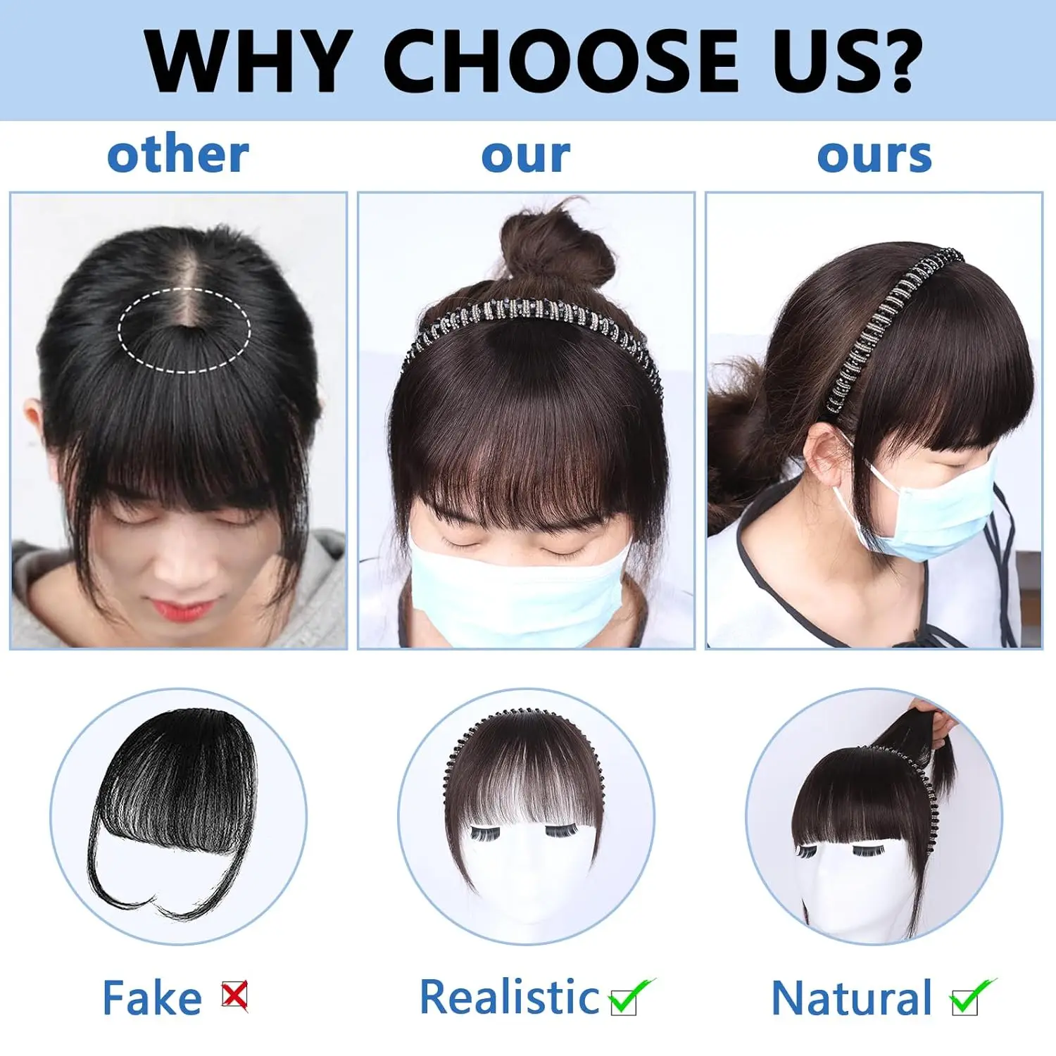 أغطية شعر بشري مع شريط من حجر الراين للنساء، مشبك في غرة مع شريط شعر مستقيم لتخفيف الشعر