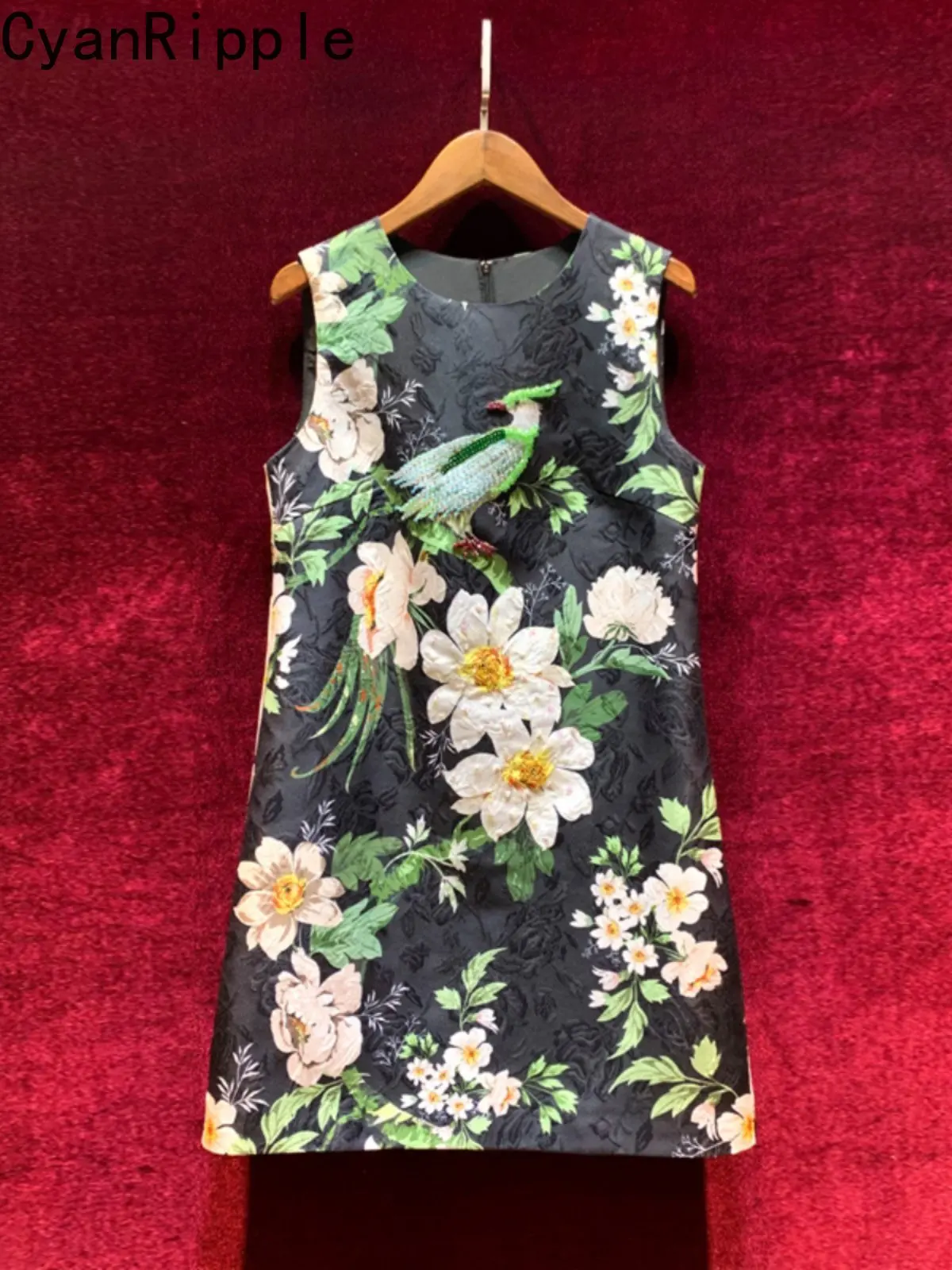 

High Quality Hepburn Retro Elegant Spring Summer Women Tank Dress Luxury Diamonds Beads Round Neck Floral Sleeveless Mini Dress