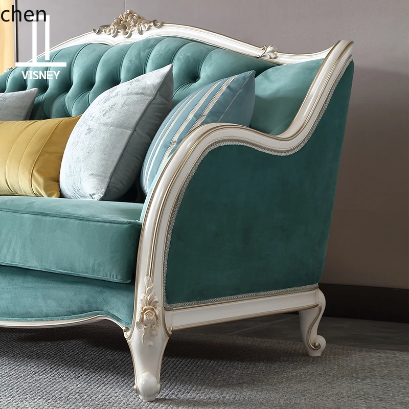 HXL  light luxury fabric sofa high-end European living room solid wood carving flower three-person sofa combination