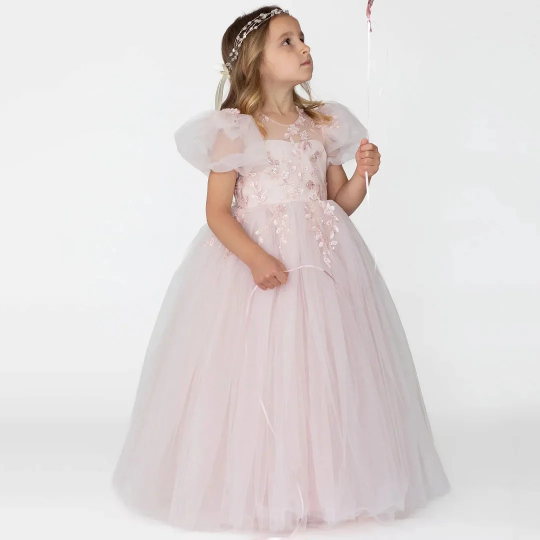 

Customized Light Pink Flower Girl Dress For Wedding Tulle Appliques Floor Length Elegant Princess Birthday First Communion Gown