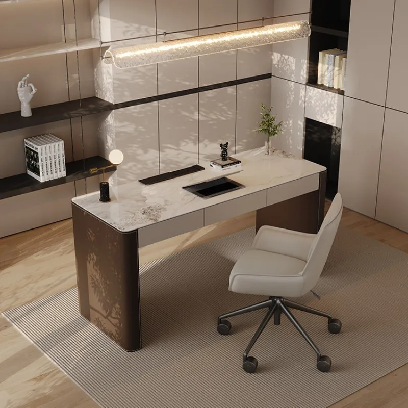 

Home Italian minimalist desk, home study design, high-end slate desk, light luxury, modern saddle leather computer desk