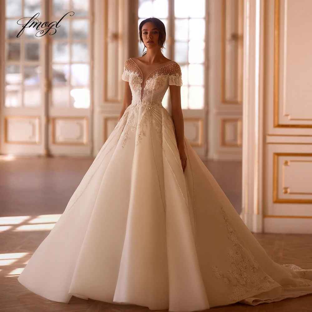

Customized A-Line Graceful Wedding Dresses Sweetheart Short Sleeve Vestido De Novia Lace Beaded Embroidery Robe De Mariee