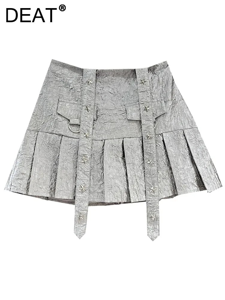 

DEAT Women's Denim Skirt Silver Gray Folds Pleated Stars Rivets A-line High Waist Mini Skirt 2024 Spring New Fashion 29L7781