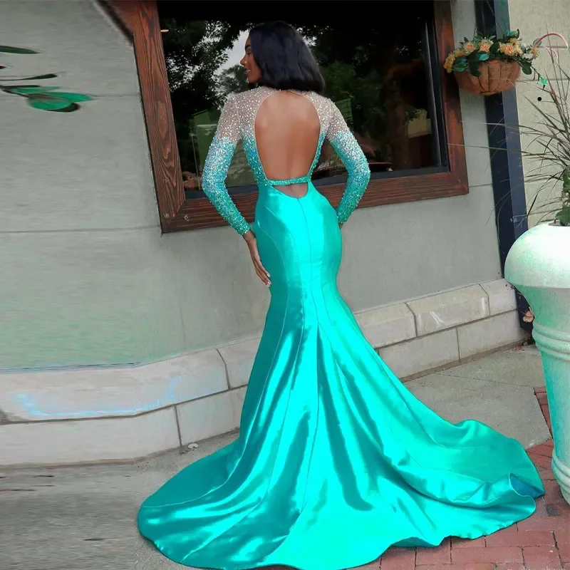 Africa Turquoise Mermaid Prom Dresses Sexy Chest Hollow Backless Long Sleeves Evening Gown Crystal Beads Formal Party Dress 2024