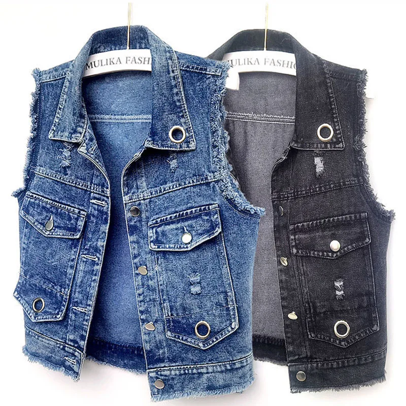 

Casual Hole Denim Vest Jacket Women's Spring Autumn Korean Slim Jeans Coat Single-breasted Short Female Waistcoat Outerwear