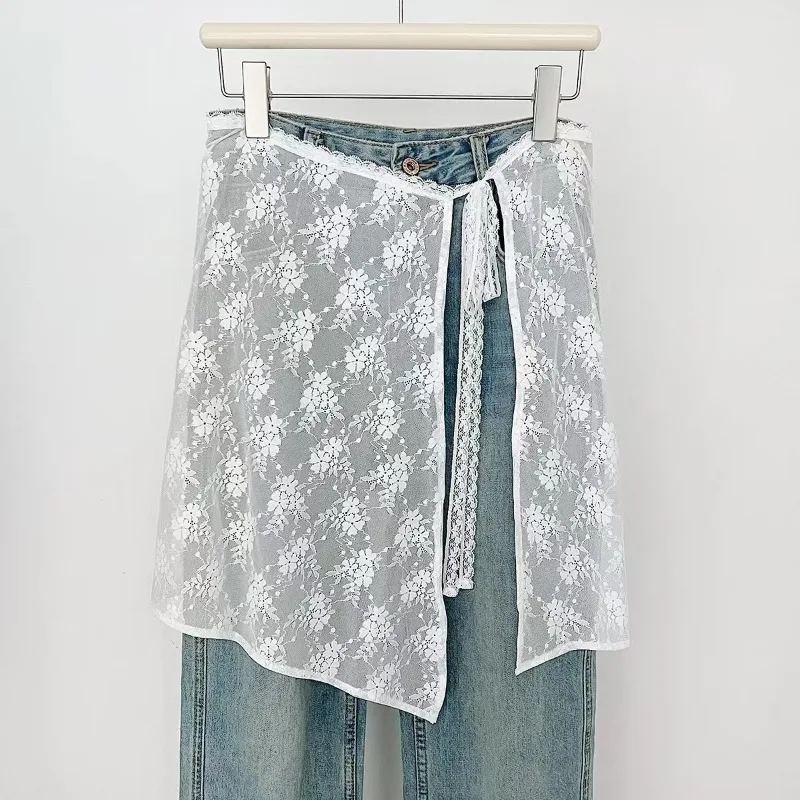 Premium Hollow Out Crochet Lace Skirt Tie Belt Lightweight Floral Retro Casual Daily Summer Skirt for Women Versatile Fashion
