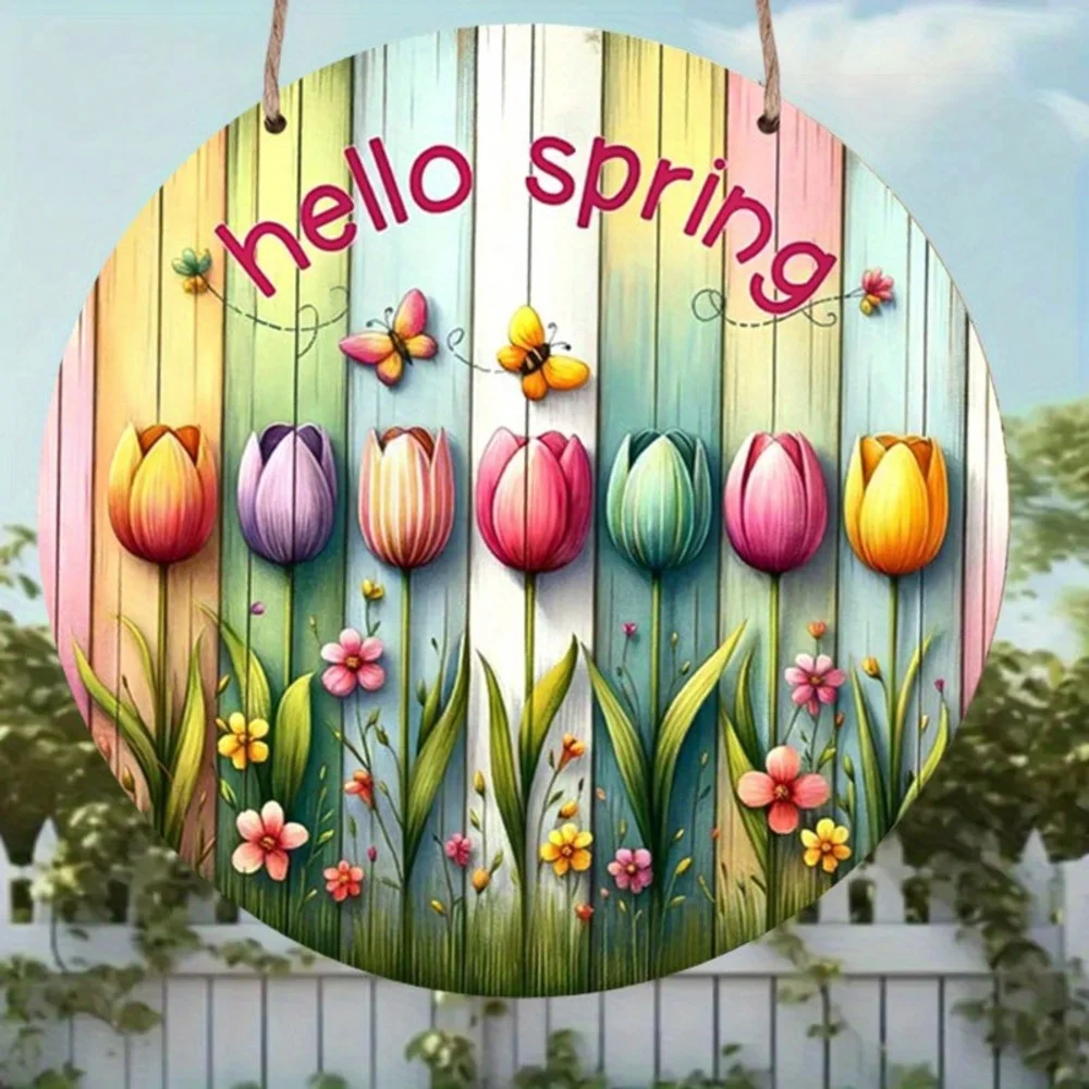 1pc Hello Spring Wooden Hanging Sign with Decorative Season Mural with Colorful Tulips and Butterflies for Easter and Spring Cel