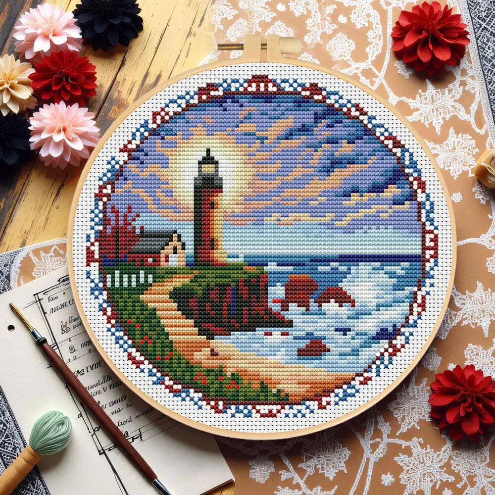 HUACAN Kreuzstich-Sets, Leuchtturm-Stickerei, Meer, Landschaft, ohne Reifen, mit Werkzeugen, 11 CT Bilder, bedruckte Leinwand