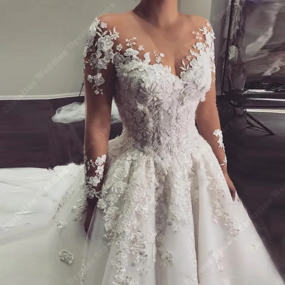 Luxuriou White Tulle Women Wedding Dresses Pretty Lace Floral Printing Long Sleeves Bridal Gowns V-Neck Celebrity V-Neck Robes