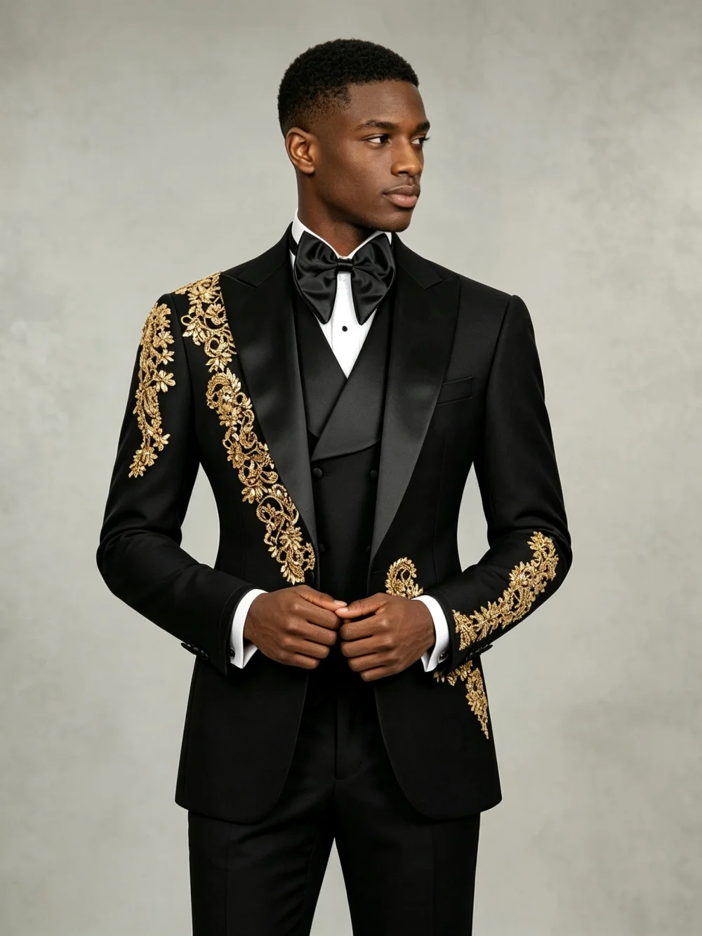 Golden Embriodery Beaded Men's Suit 3 Pieces Banquet Party Wear Handsome Peak Lapel Man Suit Set Wedding Groom Sets On Sale